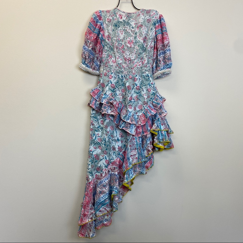 Hemant and Nandita Floral Ruffled Asymmetric Midi Dress in White, Pink, Blue - Picture 9 of 14